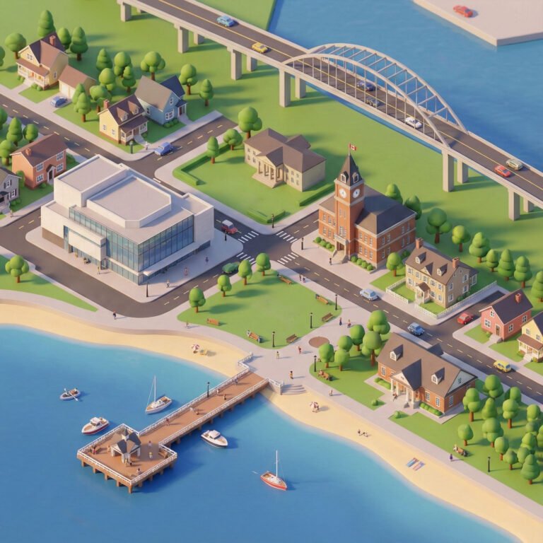Isometric coastal town with houses, roads, a clock tower, bridge, beach, boats, and waterfront pier