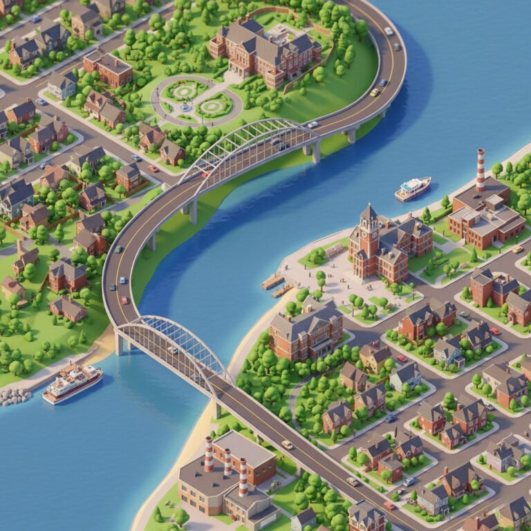 Illustrated aerial town with bridges, houses, waterways, boats, and a waterfront factory