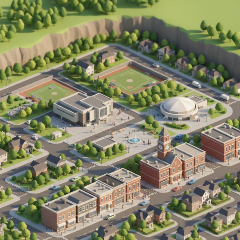 Aerial view of a planned town with homes, roads, sports fields, civic buildings, and a clock tower