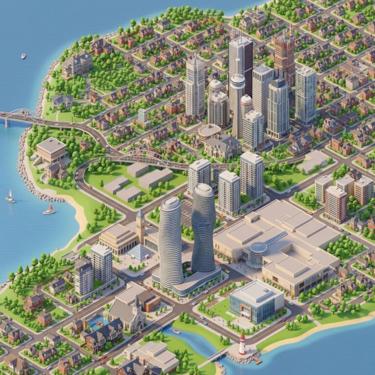 Aerial illustration of a waterfront city with skyscrapers, bridges, roads, parks, and boats
