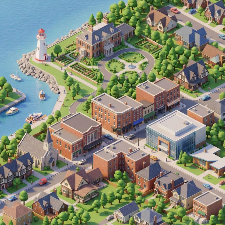 Illustrated coastal town with lighthouse, harbor boats, waterfront homes, streets, gardens, and downtown buildings
