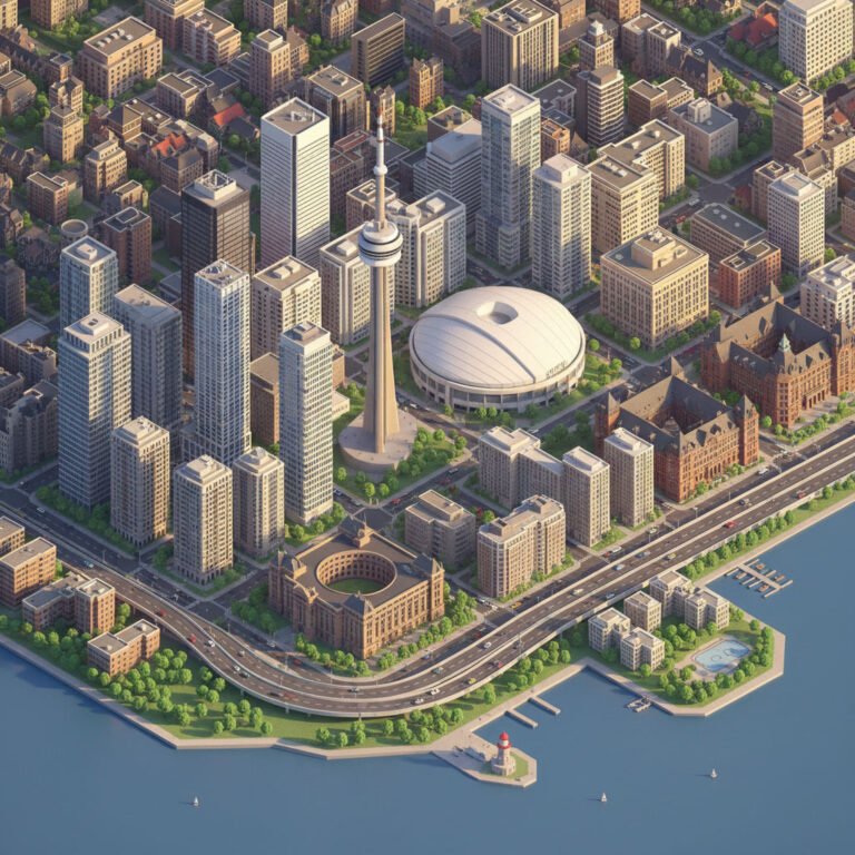 Aerial view of a dense city with a tall communications tower, domed arena, roads, parks, and waterfront