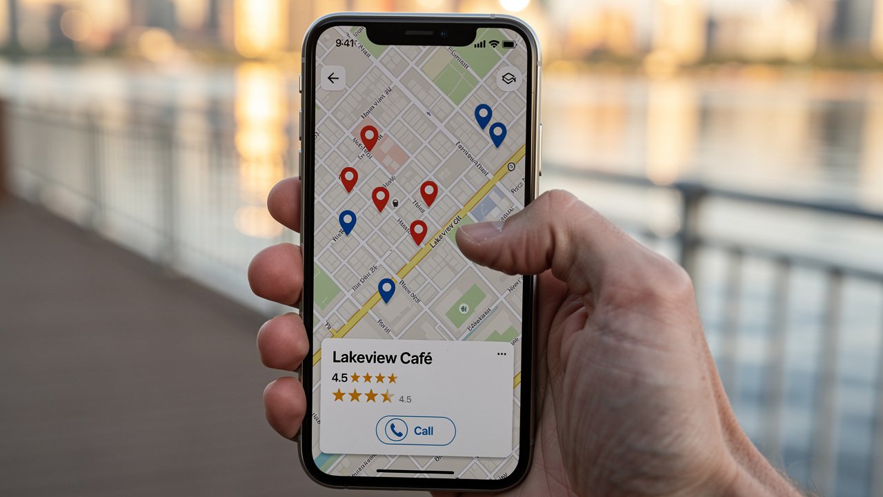 Person searching local businesses on smartphone near Burlington waterfront