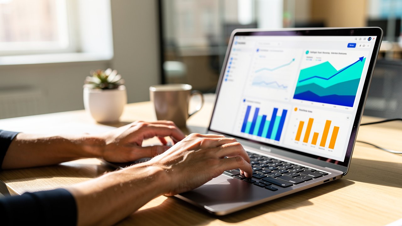 Marketing professional researching traditional SEO keywords on laptop