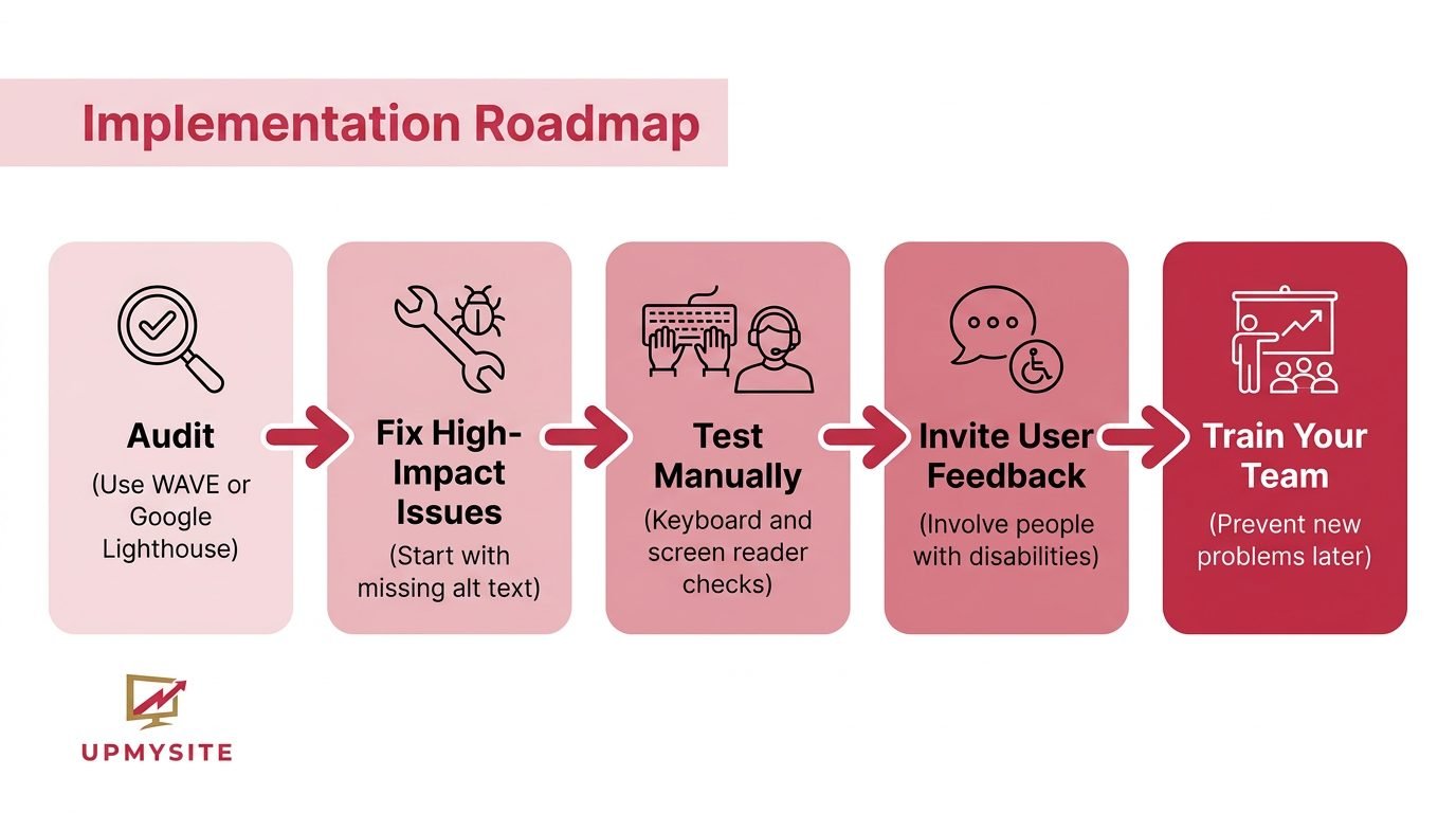 Website Accessibility Guidelines: Step-by-Step Implementation Guide - UPMYSITE Five-step website accessibility implementation process workflow