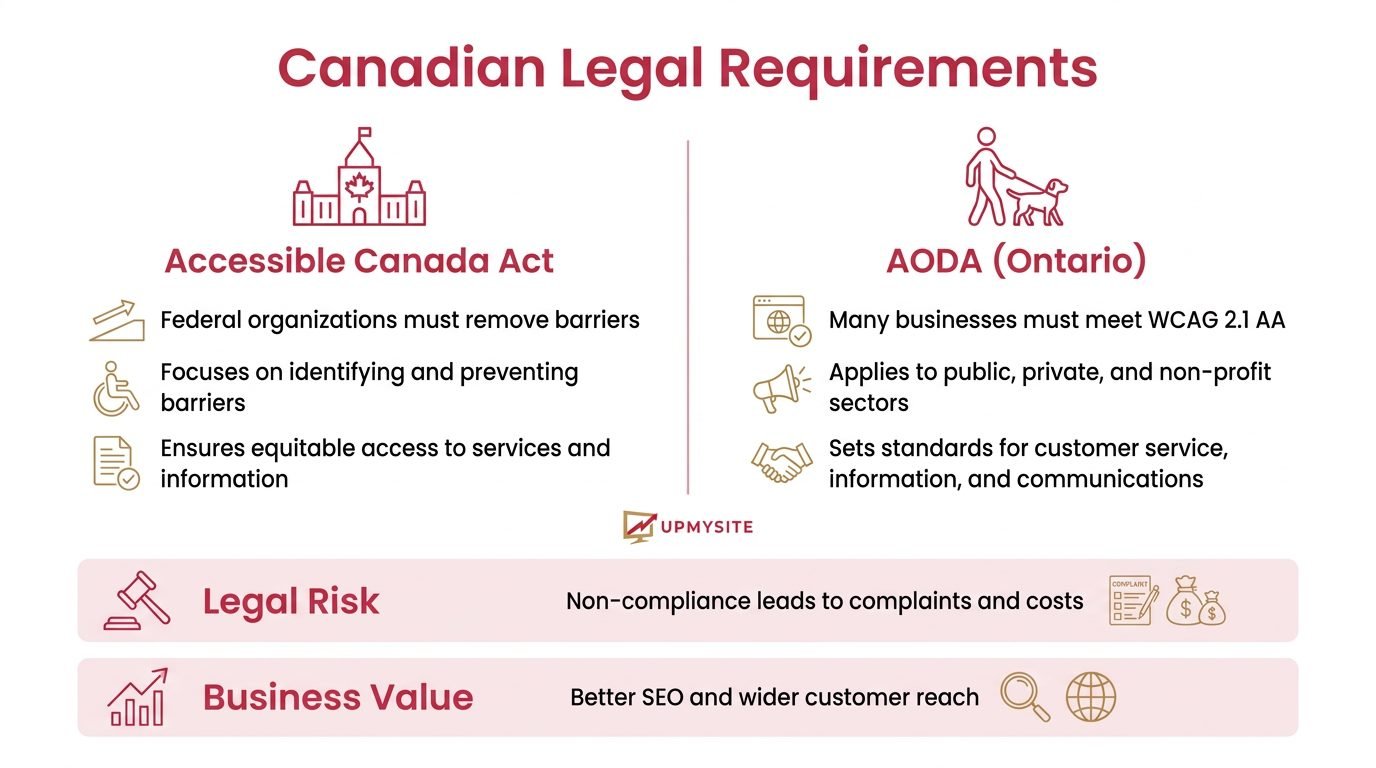 Website Accessibility Guidelines: Step-by-Step Implementation Guide - UPMYSITE Accessible Canada Act and Ontario AODA website requirements comparison