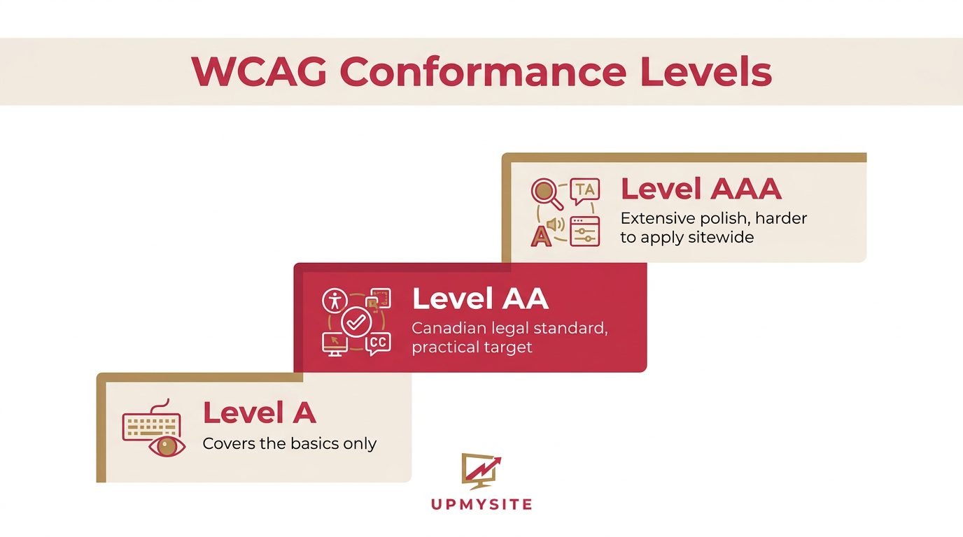 Website Accessibility Guidelines: Step-by-Step Implementation Guide - UPMYSITE WCAG conformance levels A, AA, AAA comparison chart