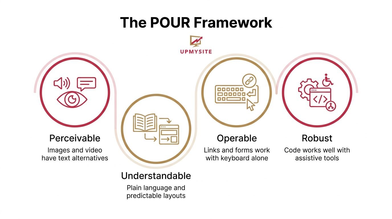 Website Accessibility Guidelines: Step-by-Step Implementation Guide - UPMYSITE WCAG four principles of website accessibility illustrated